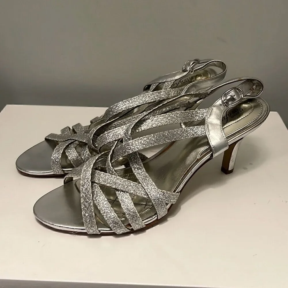 Alfani Alisa Silver Sparkly Strappy Heel Sandals Size 7.5M